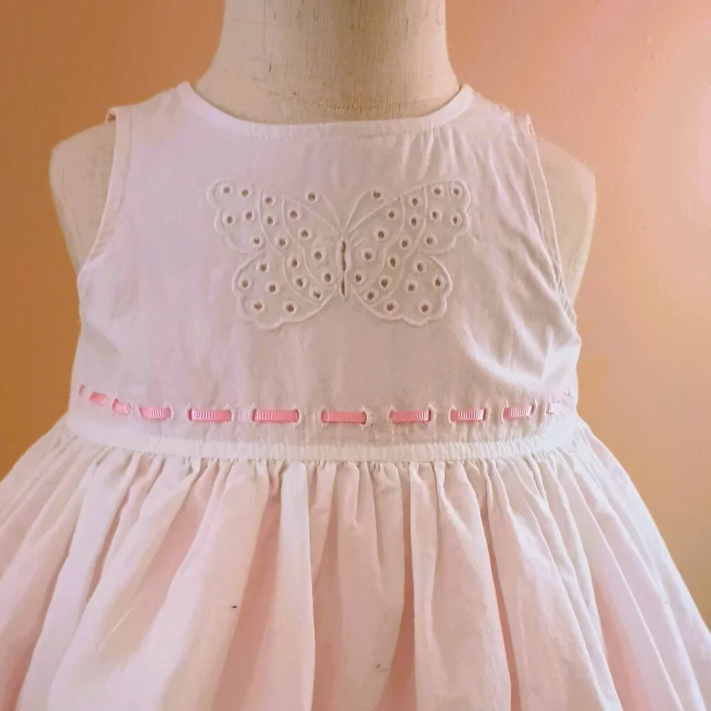 Marks & Spencer Eyelet Dress 12-18m Sleeveless White Pink Floral Butterfly